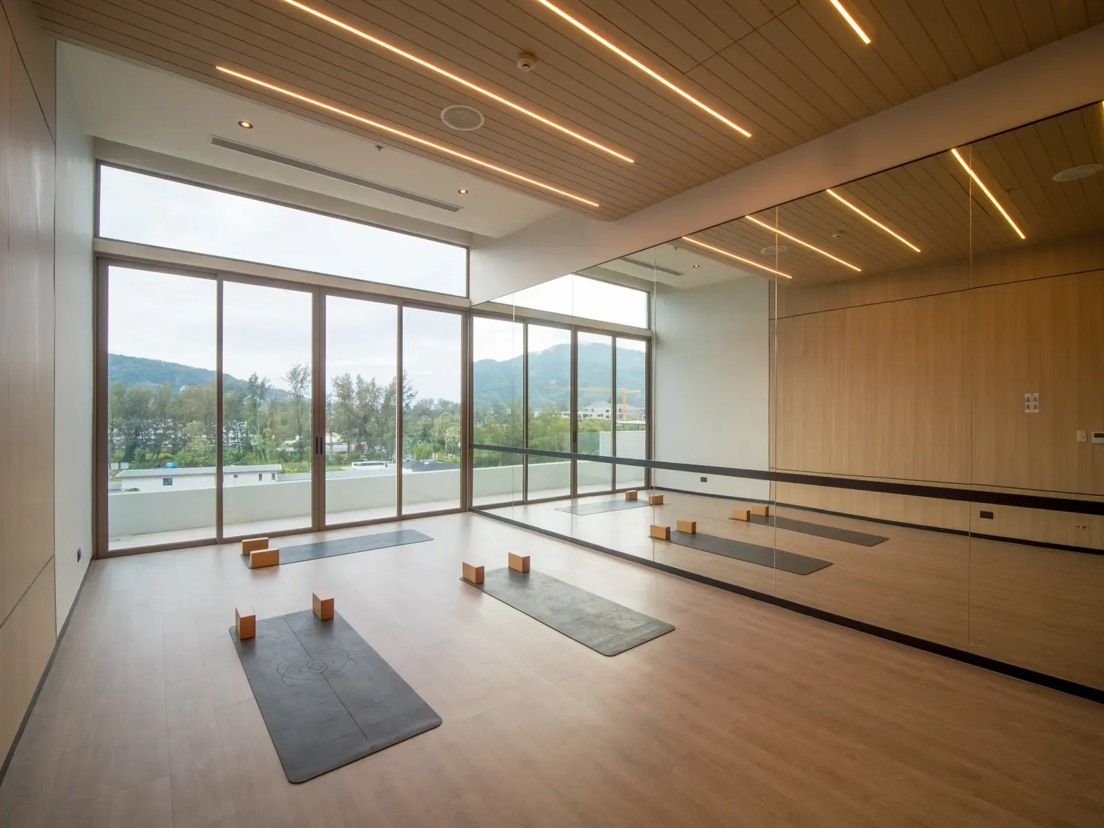 A light-filled yoga and mobility studio with mats and a mountain view at Sole Mio