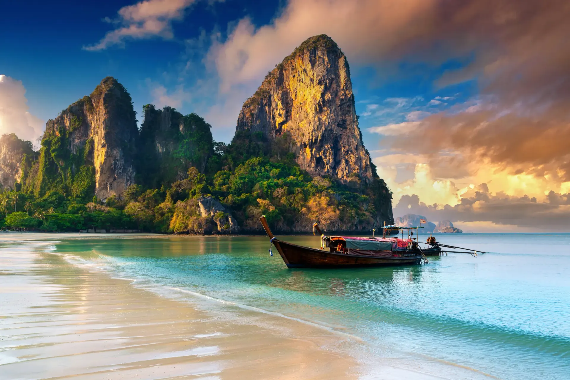 Longtail boat at Railay Beach in Krabi at sunset