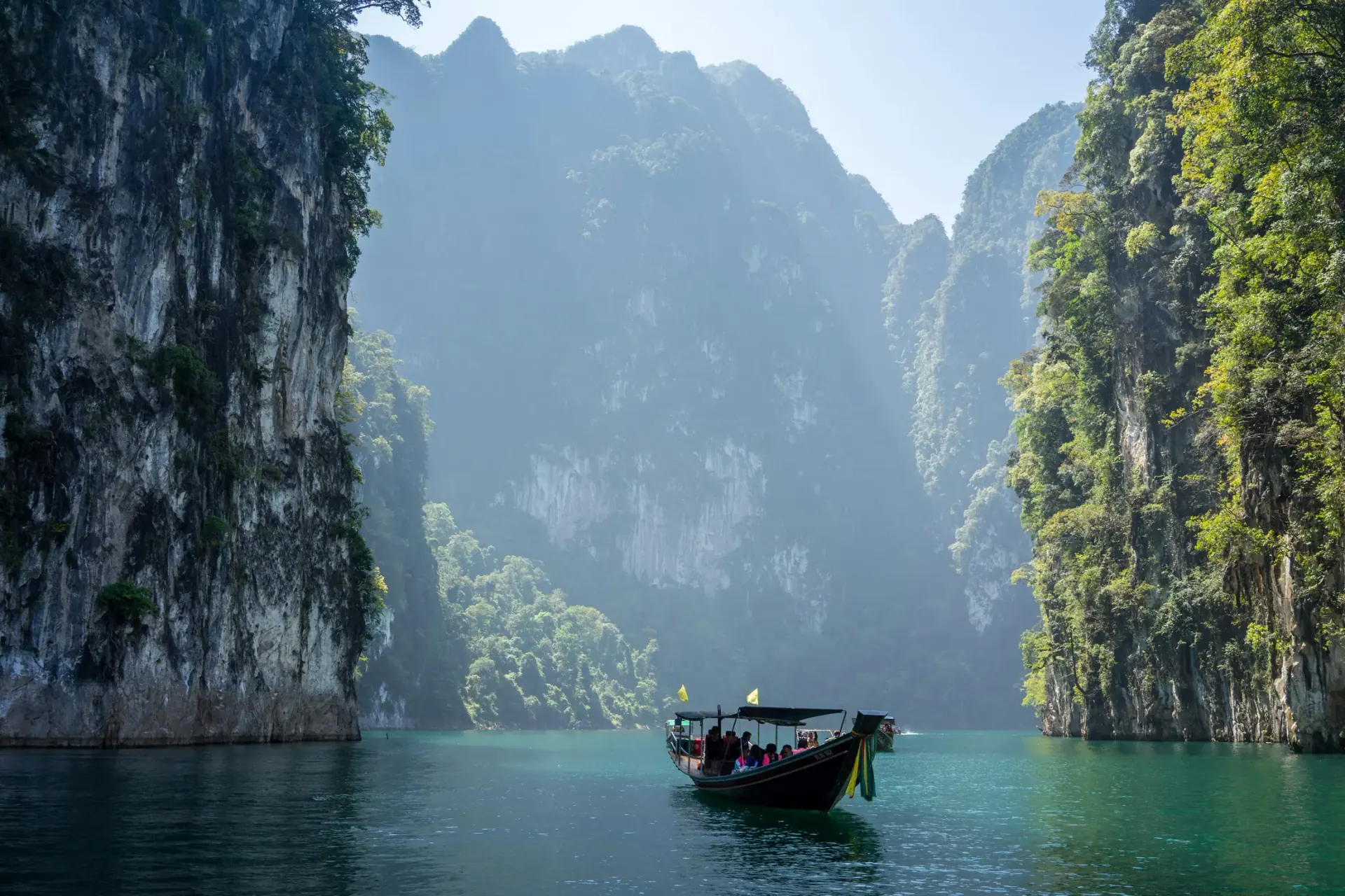 Longtail boat in a limestone lagoon in Thailand