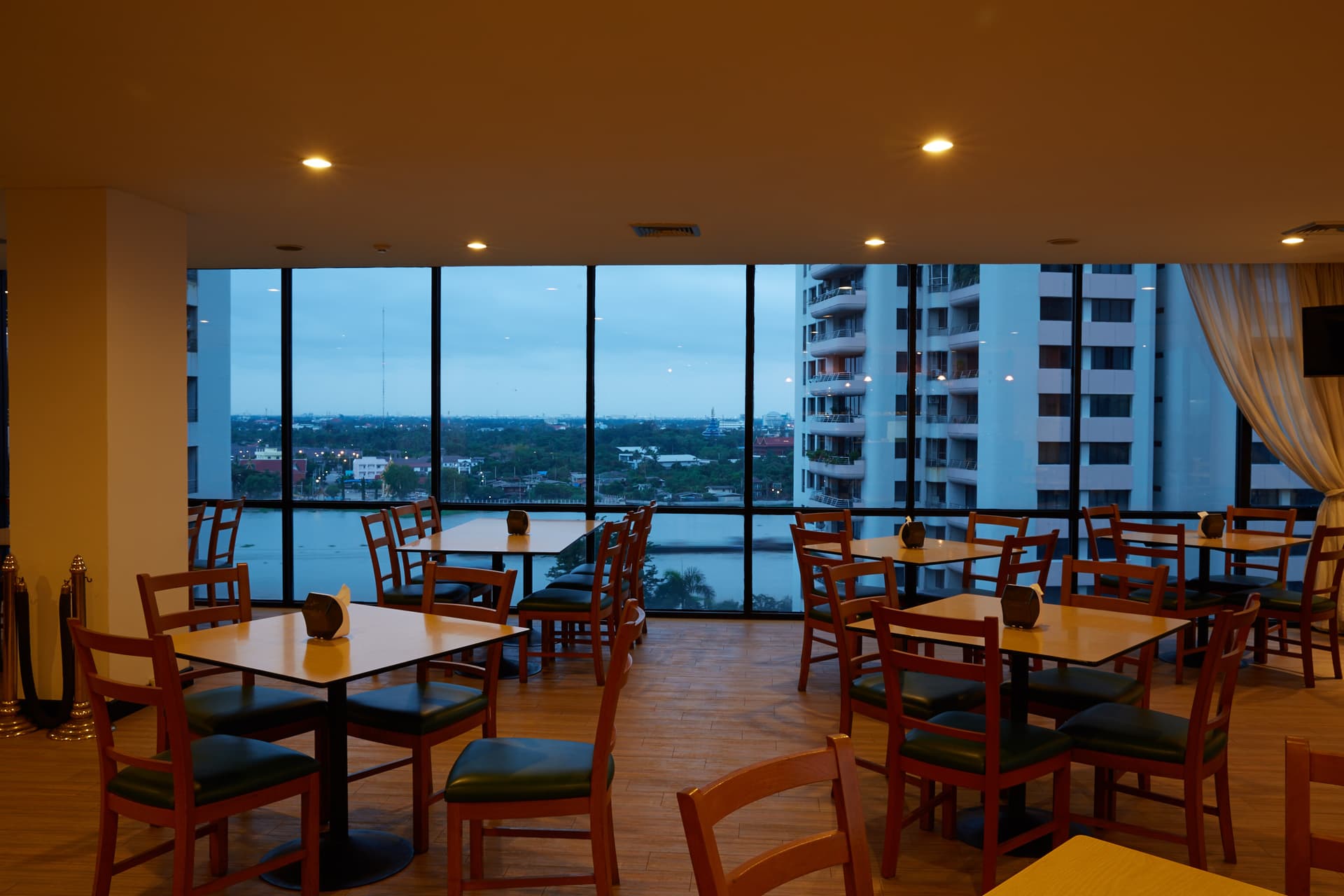 Panoramic Chao Phraya River view from River Cuisine Restaurant at Riverine Place