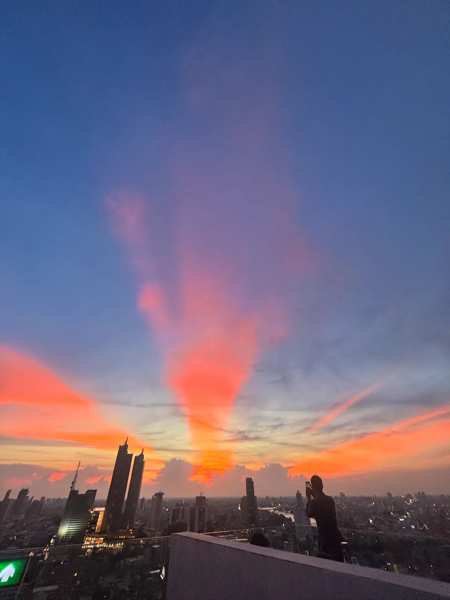 Bangkok riverside skyline at sunset with riverfront hotels