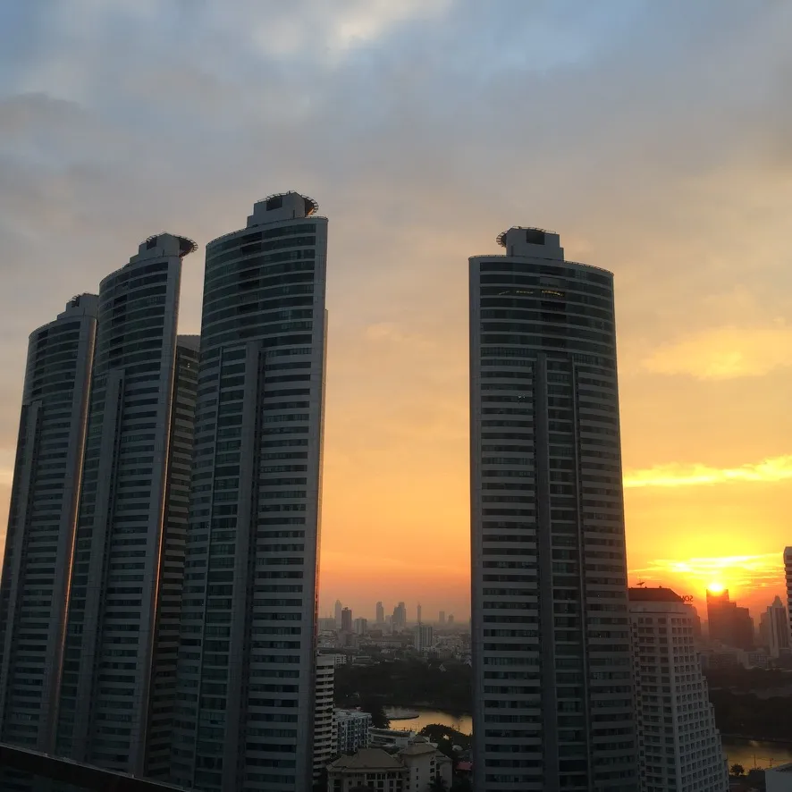Bangkok sunset skyline with luxury hotels